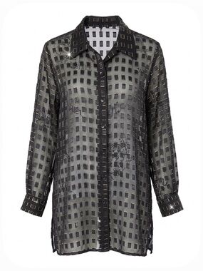Gloria Vanderbilt Vintage NWT Sheer Shimmer Burnout Grid Tunic Blouse Black 14